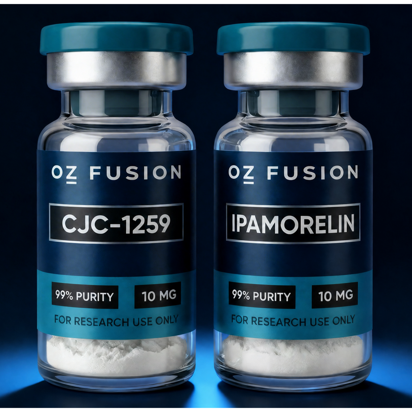 Two vials labeled 'OZ Fusion' with 'CJC-1259' and 'IPAMORELIN' on a dark background.
