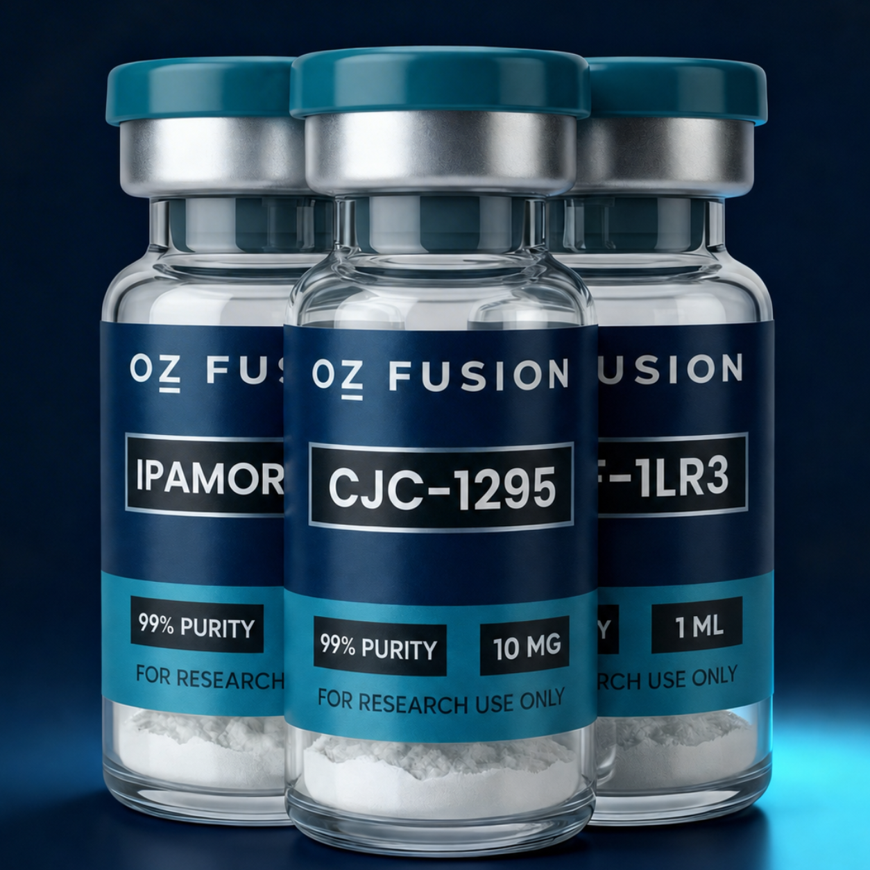 Three vials labeled 'OZ Fusion' with scientific names on a dark background
