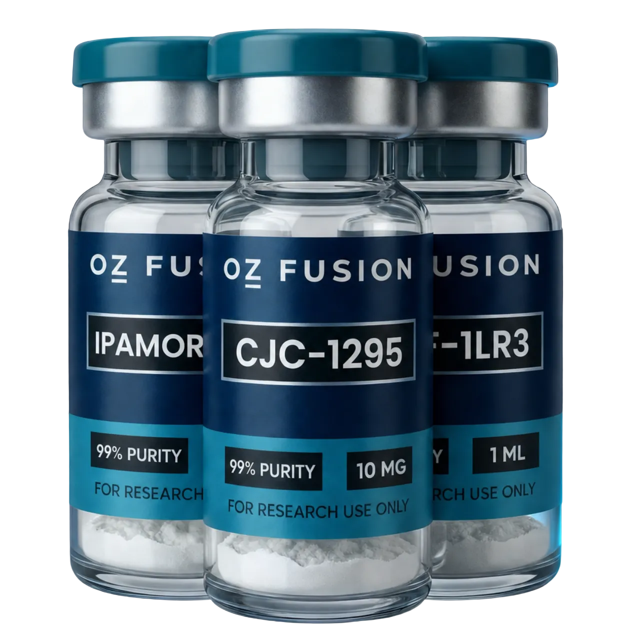 Three vials labeled 'OZ Fusion' with different substances on a white background